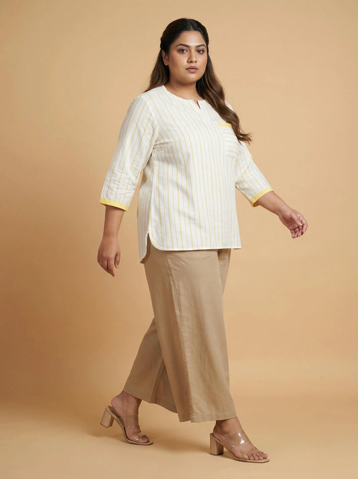 yellow Striped Cotton Cotton Crochet Detail Top