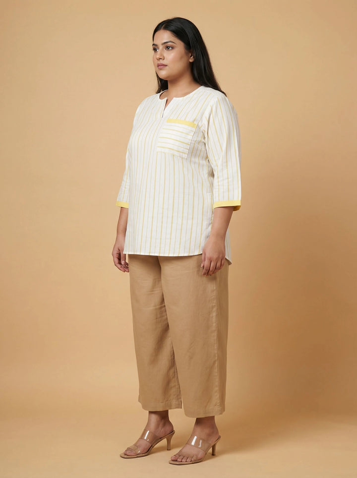 yellow Striped Cotton Cotton Crochet Detail Top