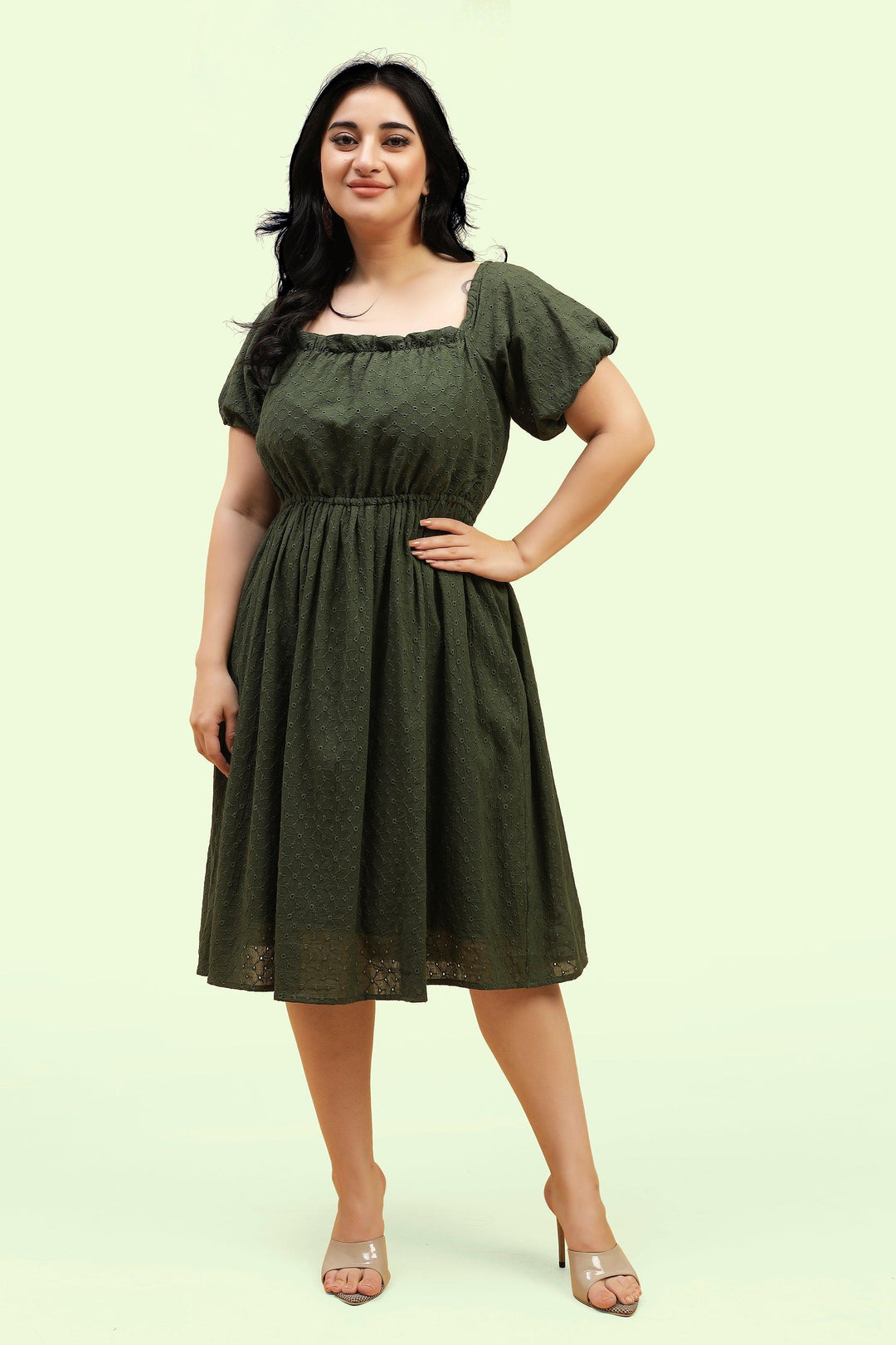 Curvy Lane Women Plus Size Raglan Puff Sleeves Flared Schiffli Dress - Curvy Lane