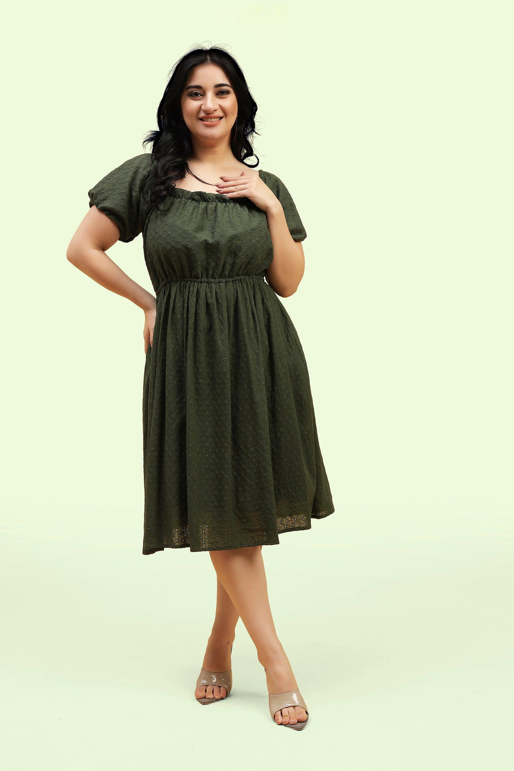 Curvy Lane Women Plus Size Raglan Puff Sleeves Flared Schiffli Dress - Curvy Lane