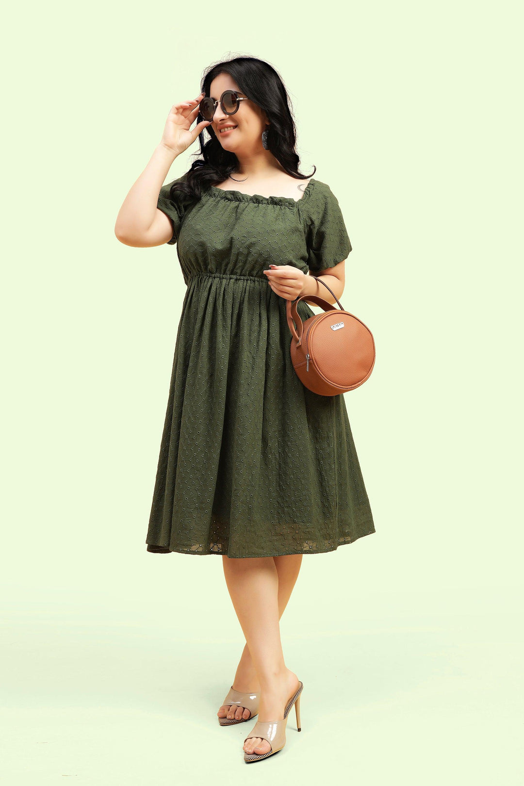 Curvy Lane Women Plus Size Raglan Puff Sleeves Flared Schiffli Dress - Curvy Lane