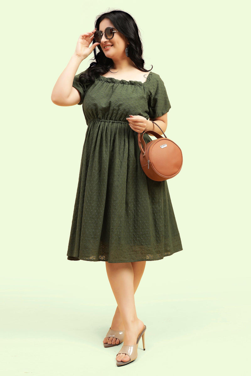 Curvy Lane Women Plus Size Raglan Puff Sleeves Flared Schiffli Dress - Curvy Lane
