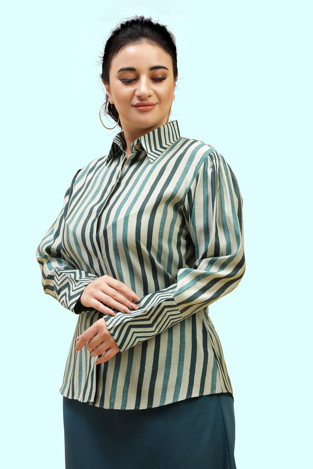 Curvy Lane Women Plus Size Striped Shirt Top and Body Con Side Slit Skirt Set - Curvy Lane