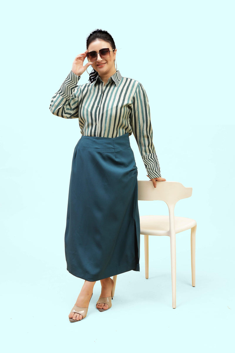Curvy Lane Women Plus Size Striped Shirt Top and Body Con Side Slit Skirt Set