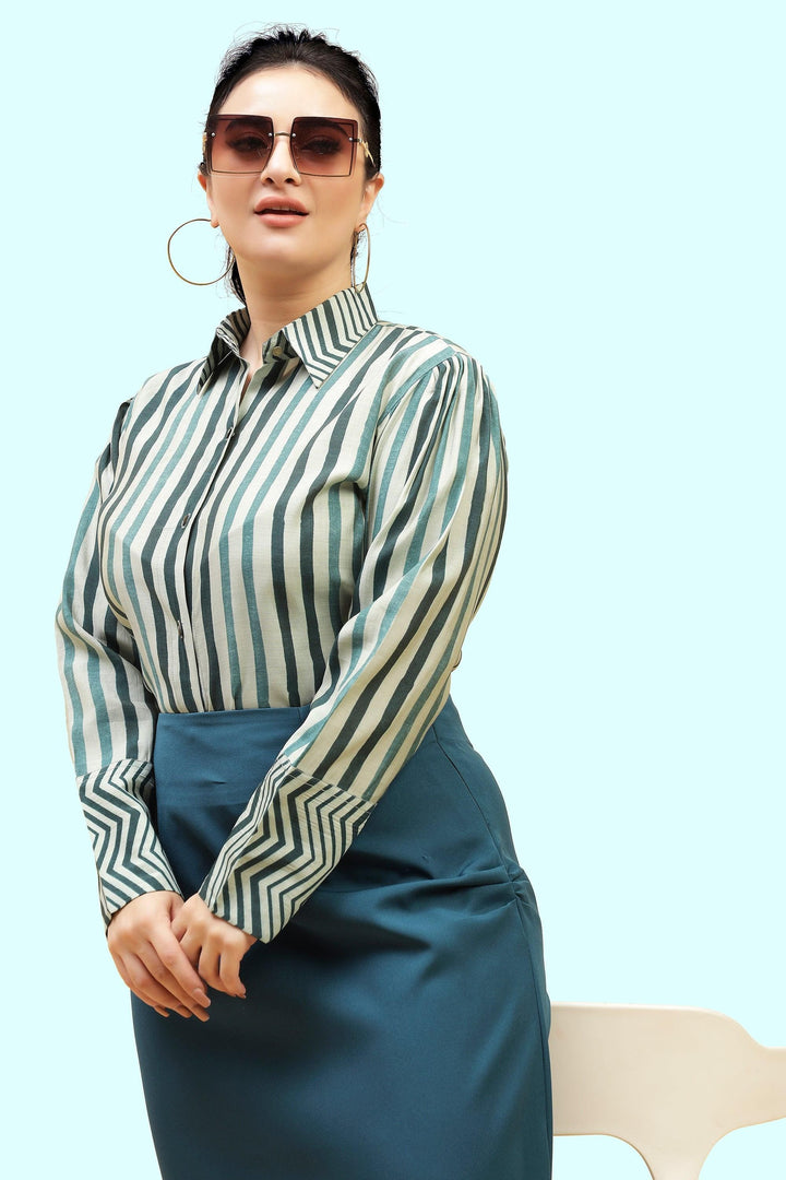 Curvy Lane Women Plus Size Striped Shirt Top and Body Con Side Slit Skirt Set - Curvy Lane