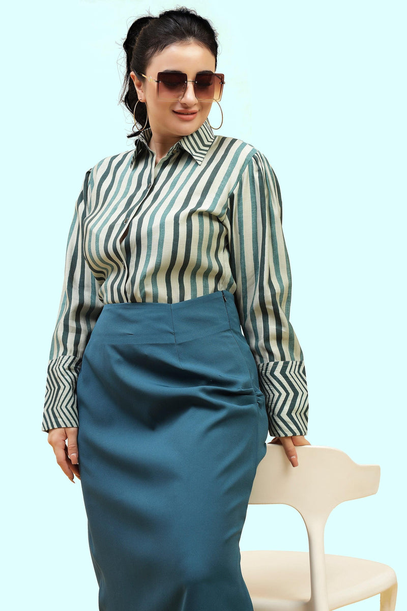 Curvy Lane Women Plus Size Striped Shirt Top and Body Con Side Slit Skirt Set