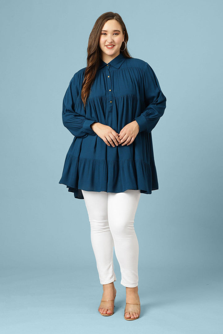 Curvy Lane Women Plus Size Bishop Sleeves Pleated Long Top - Curvy Lane