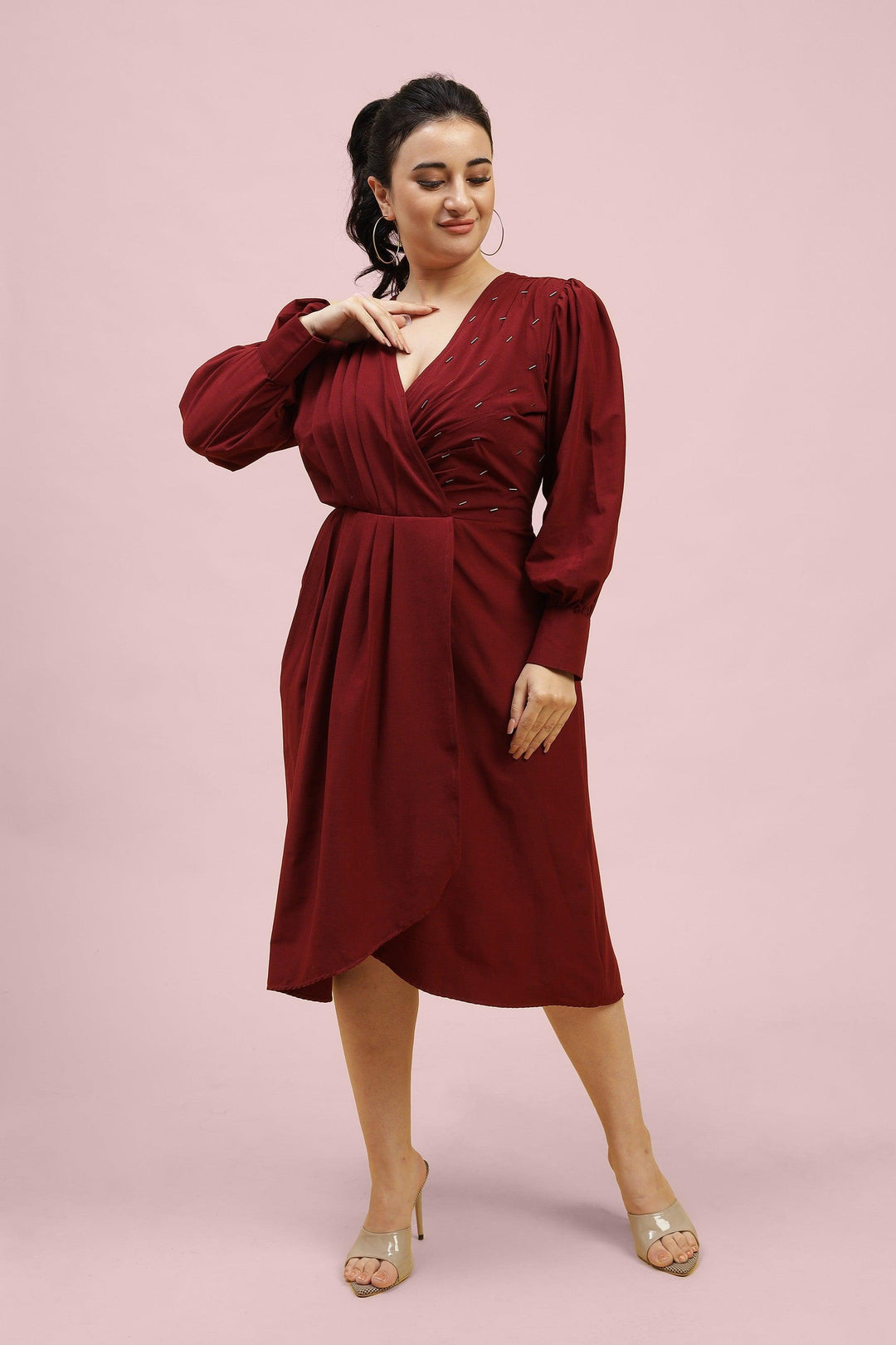 Curvy Lane Women Plus Size Pleated Coverlap Neck Drape Styled Dress - Curvy Lane