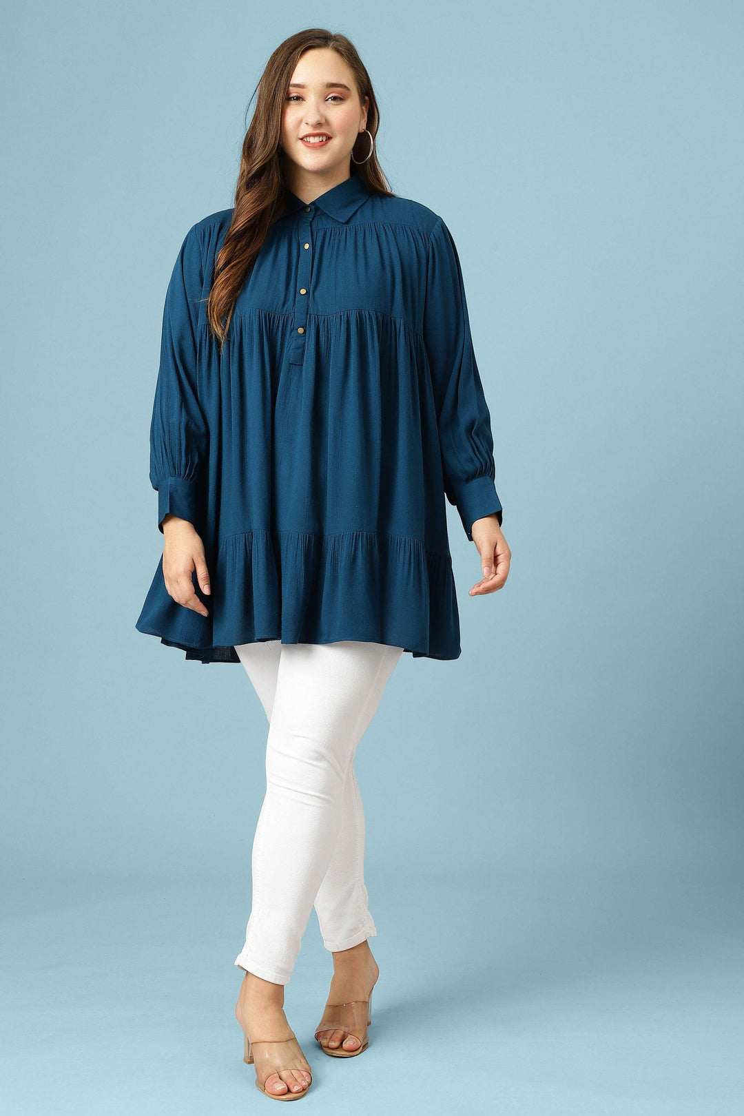 Curvy Lane Women Plus Size Bishop Sleeves Pleated Long Top - Curvy Lane