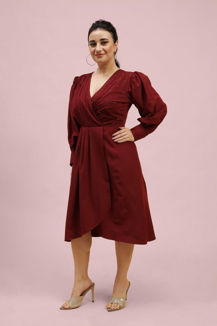 Curvy Lane Women Plus Size Pleated Coverlap Neck Drape Styled Dress - Curvy Lane