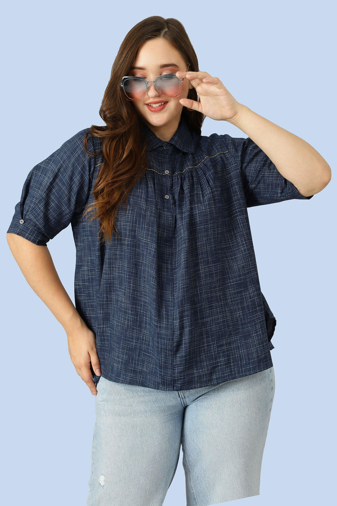 Curvy Lane Women Plus Size Slub Effect Blue Top - Curvy Lane