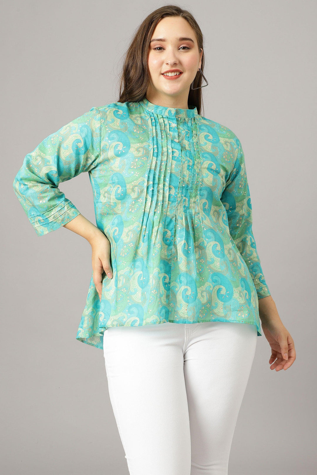 Curvy Lane Women Plus Size Turq Blue Pleated Short Top - Curvy Lane