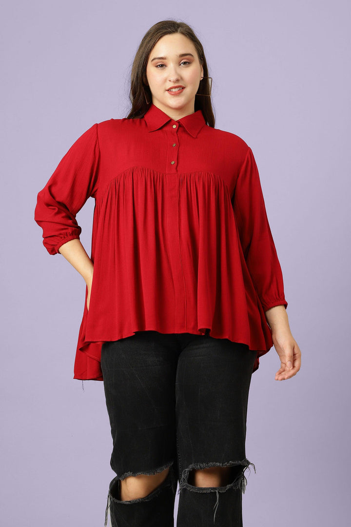 Curvy Lane Women Plus Size Collar Neck Pleated Hi-Low Top - Curvy Lane