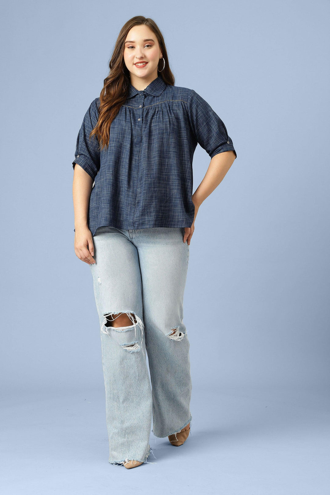 Curvy Lane Women Plus Size Slub Effect Blue Top - Curvy Lane