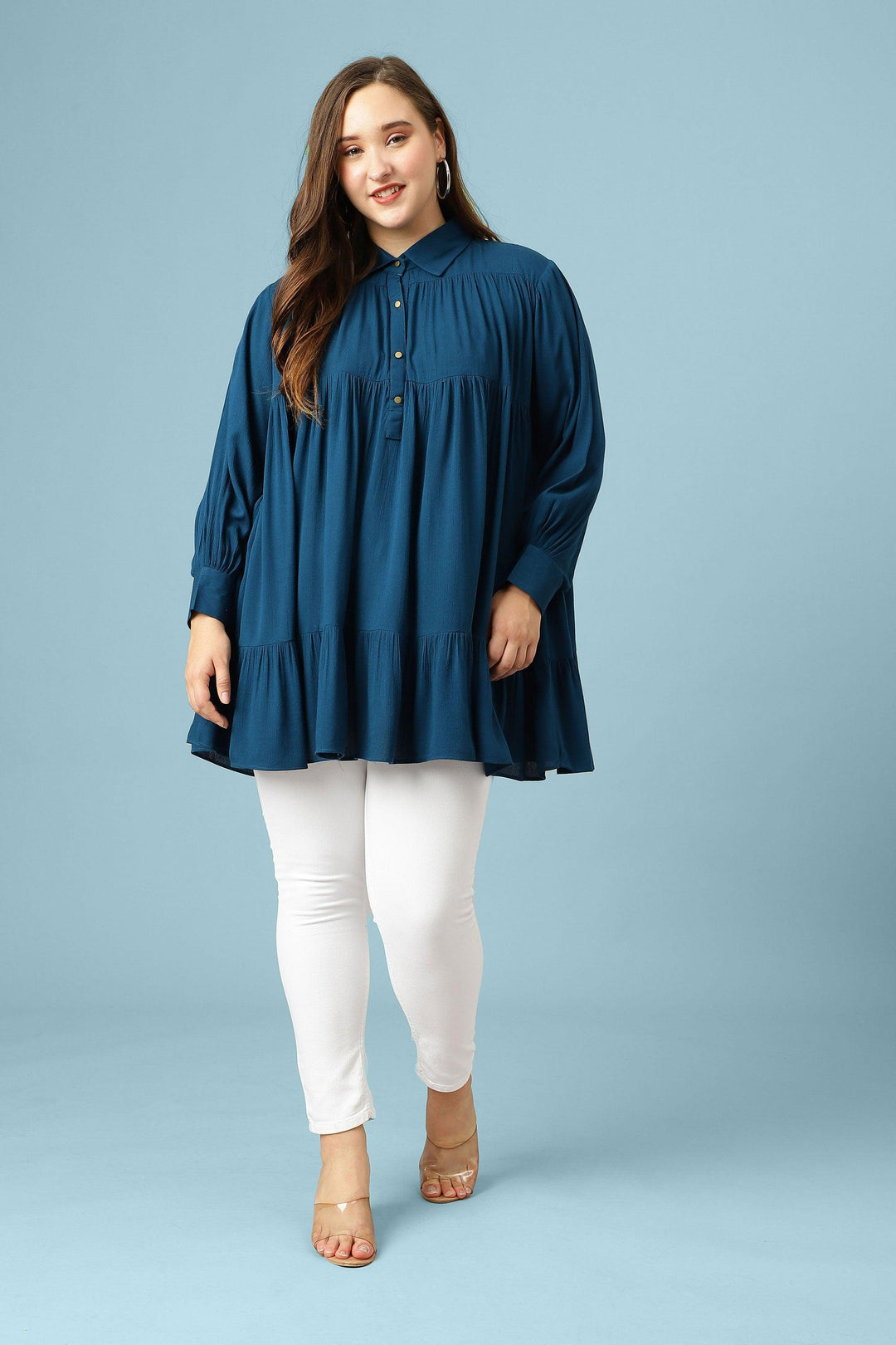 Curvy Lane Women Plus Size Bishop Sleeves Pleated Long Top - Curvy Lane