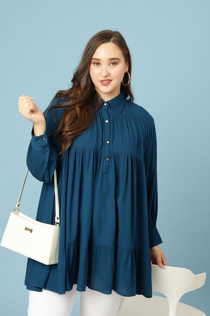 Curvy Lane Women Plus Size Bishop Sleeves Pleated Long Top - Curvy Lane