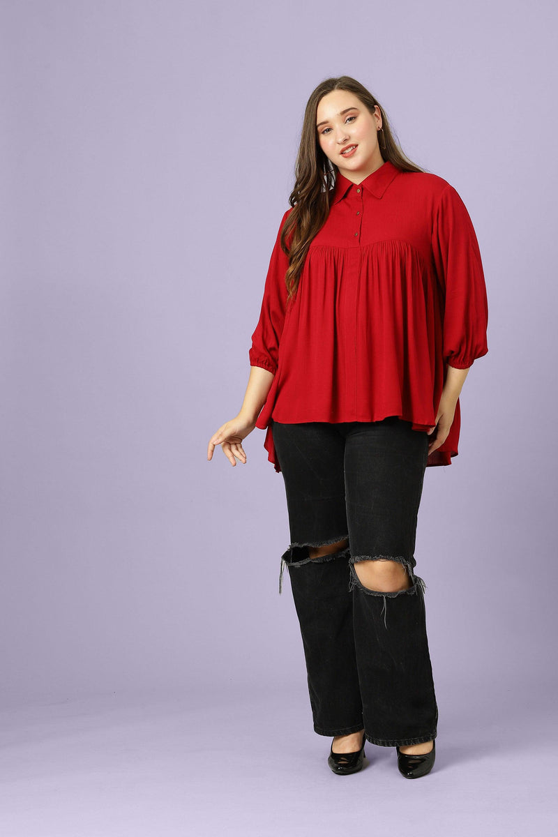 Curvy Lane Women Plus Size Collar Neck Pleated Hi-Low Top - Curvy Lane