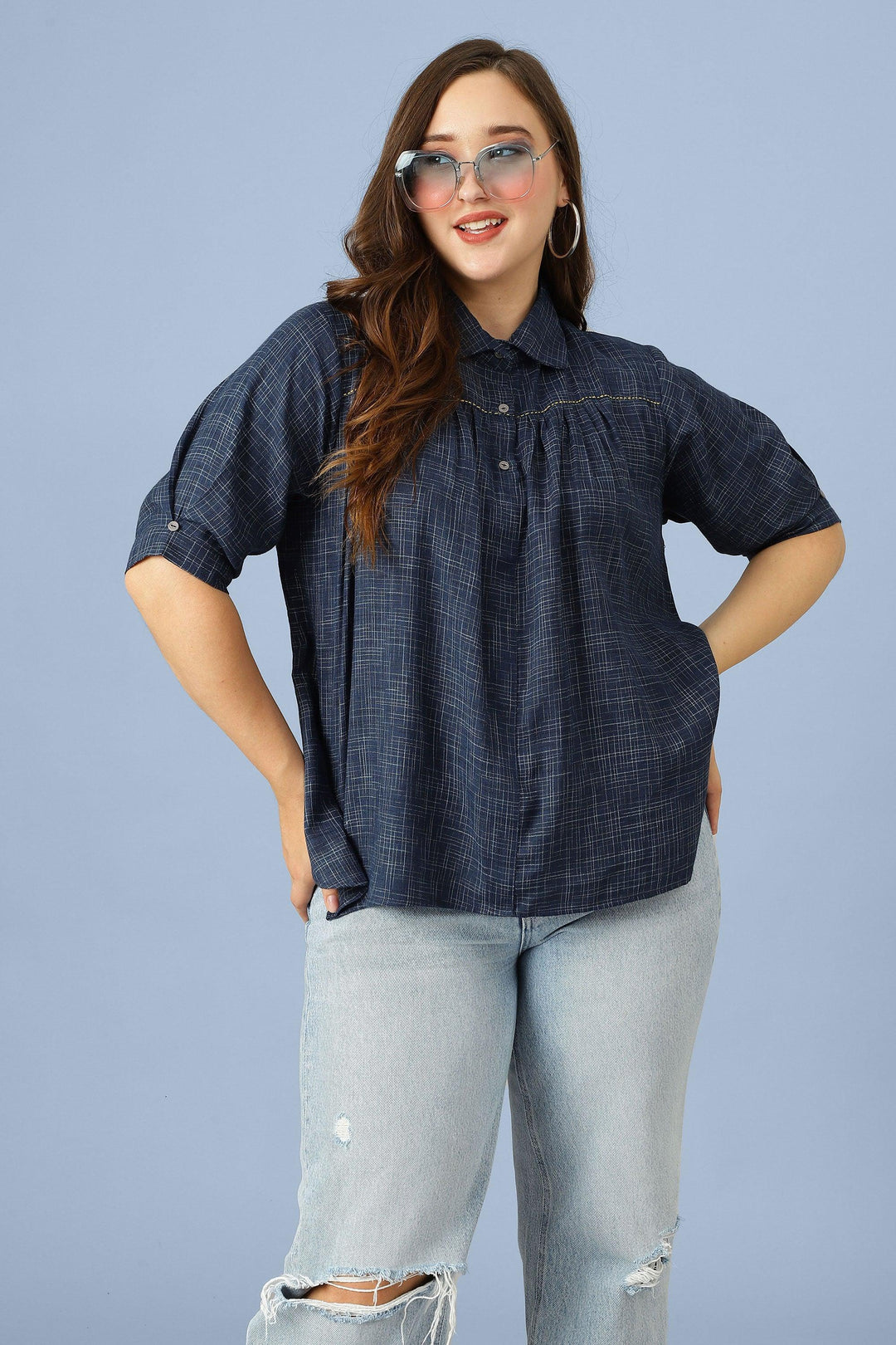 Curvy Lane Women Plus Size Slub Effect Blue Top - Curvy Lane