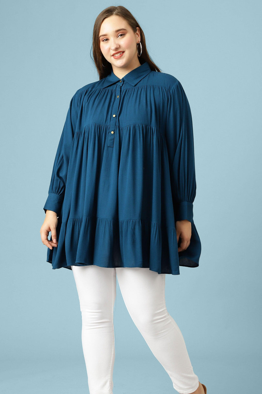 Curvy Lane Women Plus Size Bishop Sleeves Pleated Long Top - Curvy Lane