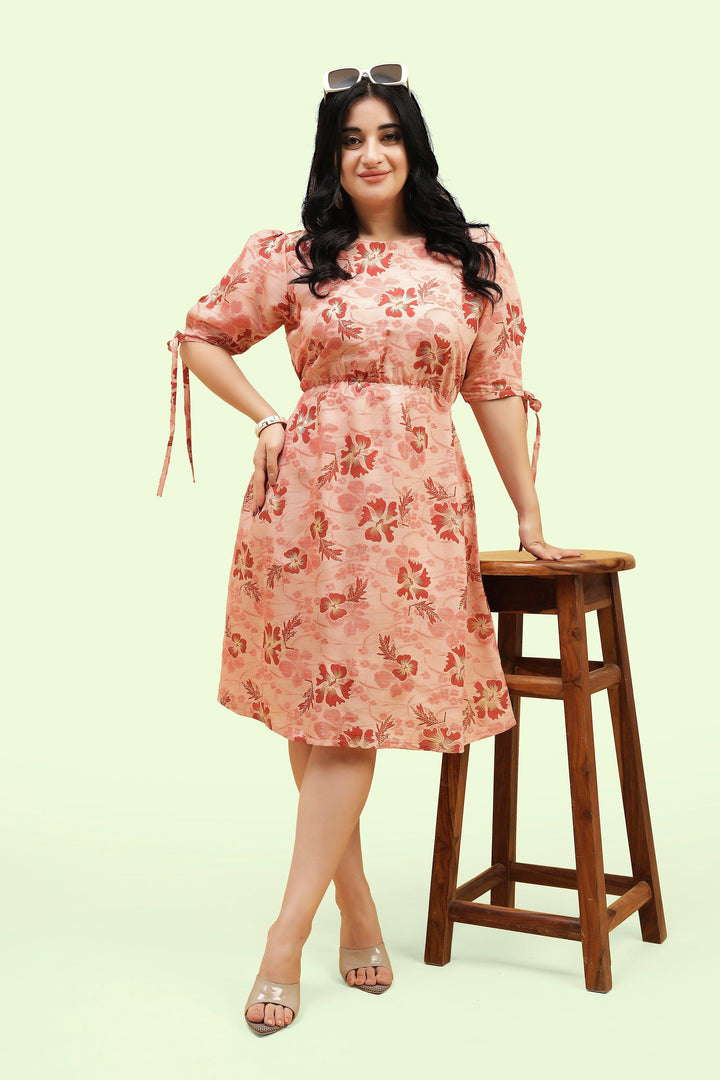 Curvy Lane Women Plus Size Back Cut Out & Tie Up Sleeves Floral Dress - Curvy Lane