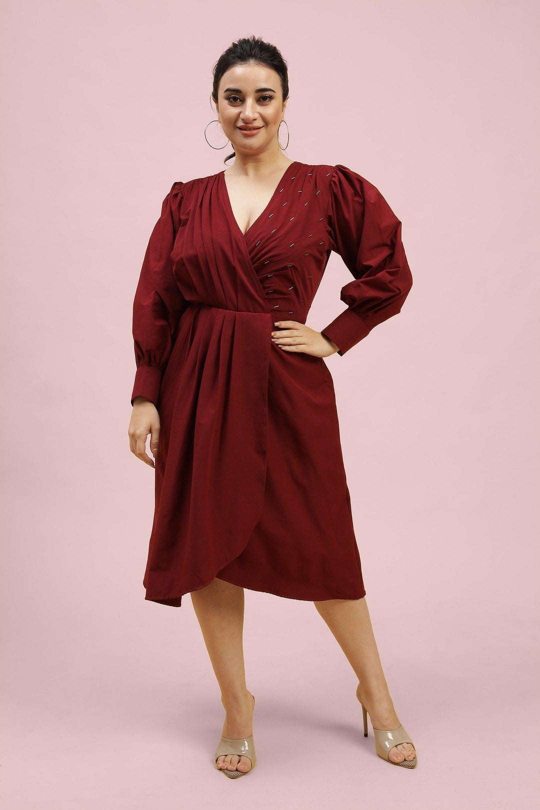 Curvy Lane Women Plus Size Pleated Coverlap Neck Drape Styled Dress - Curvy Lane