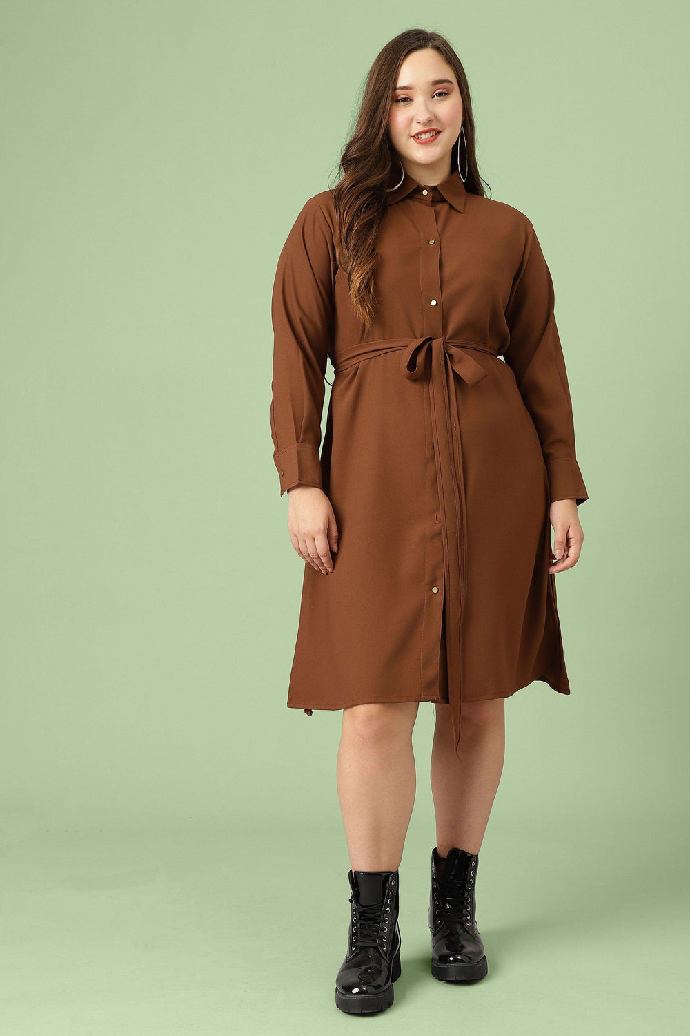 Curvy Lane Women Plus Size Shirt Collar Dress With Fabric In Brown Color