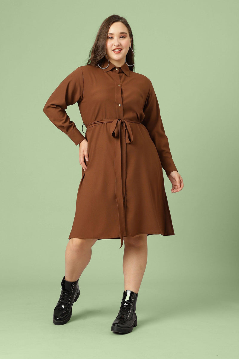 Curvy Lane Women Plus Size Shirt Collar Long Dress With Fabric