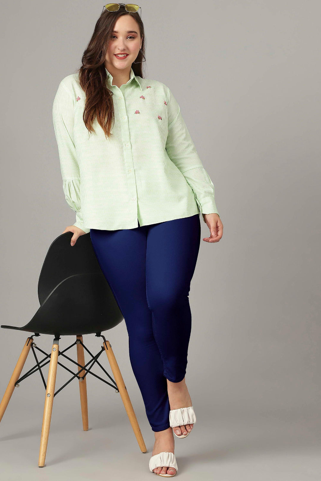Stylish pista green striped top with long cuff sleeves for a trendy women's wardrobe.