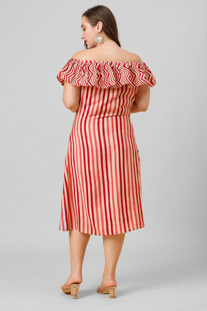 Red and white striped pattern ruffle neck A-line dress. A hot pick for women fashion.