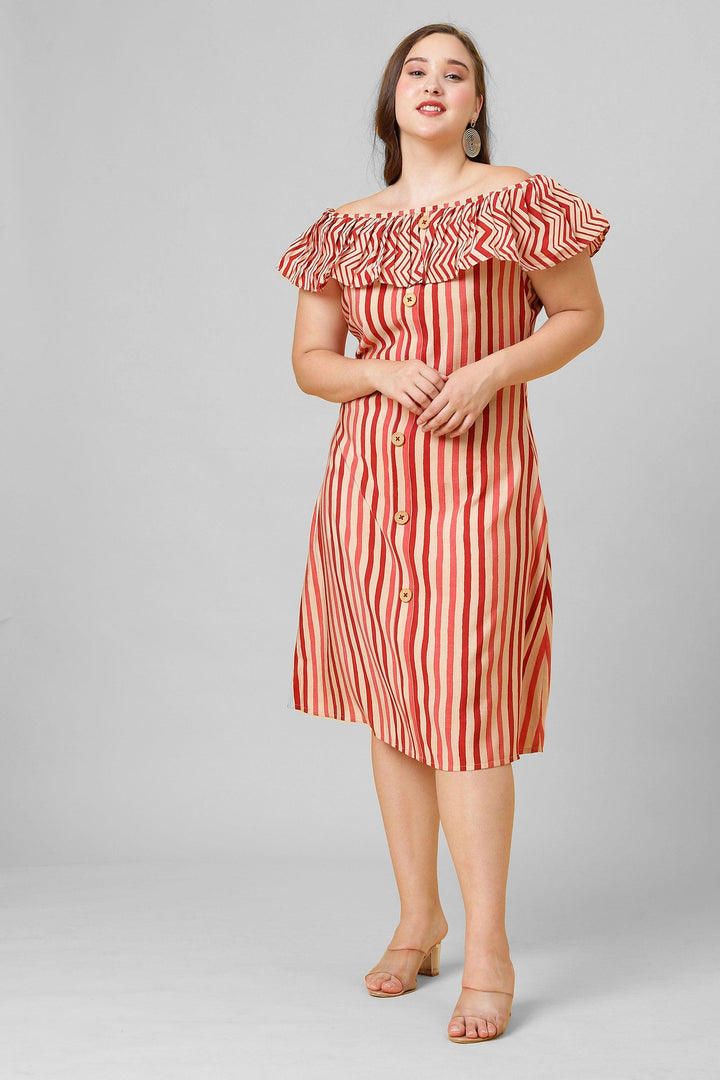 Red and white striped pattern ruffle neck A-line dress. A hot pick for women fashion.