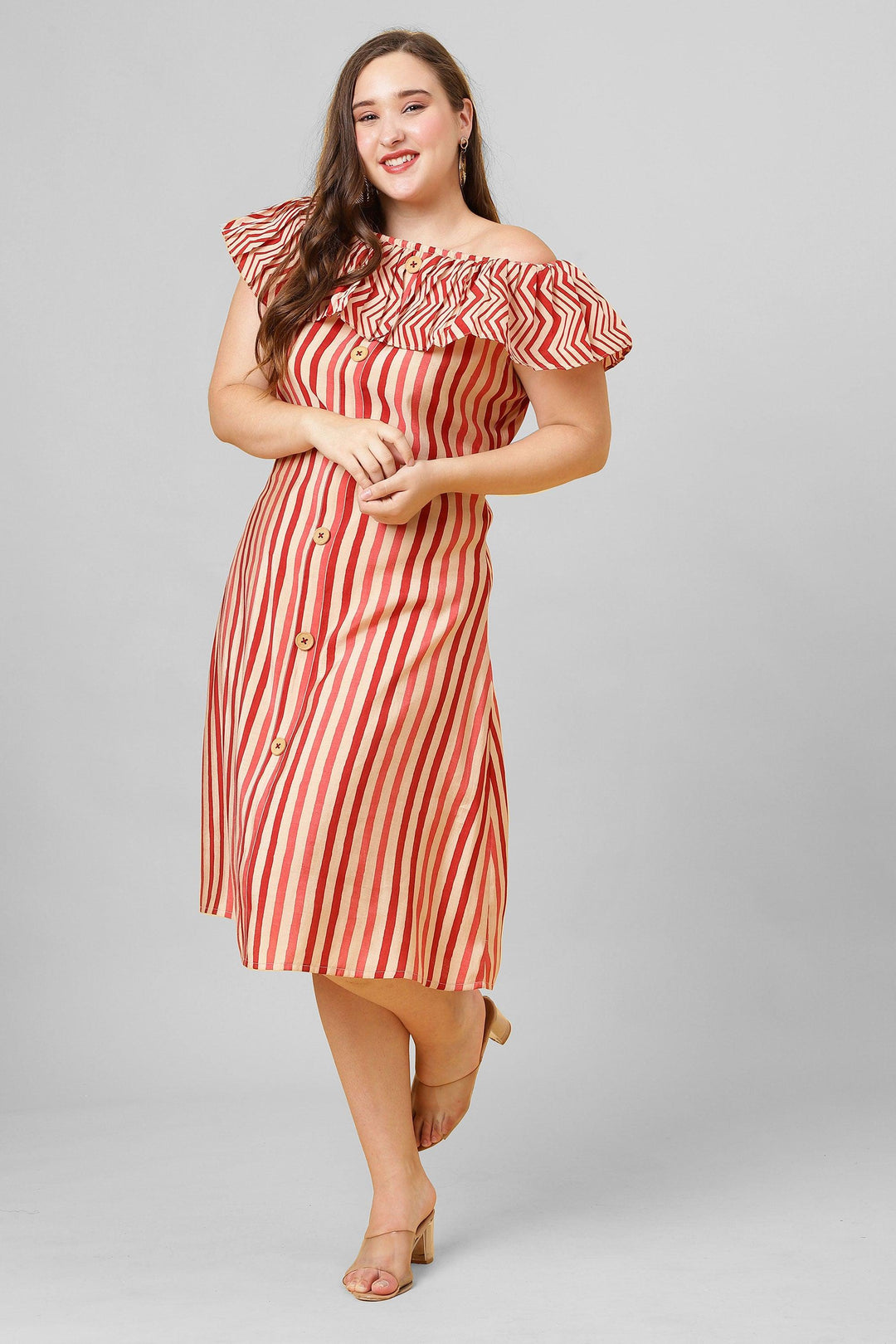 Red and white striped pattern ruffle neck A-line dress. A hot pick for women fashion.