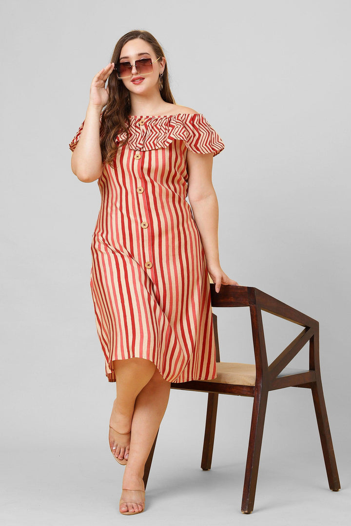 Red and white striped pattern ruffle neck A-line dress. A hot pick for women fashion.