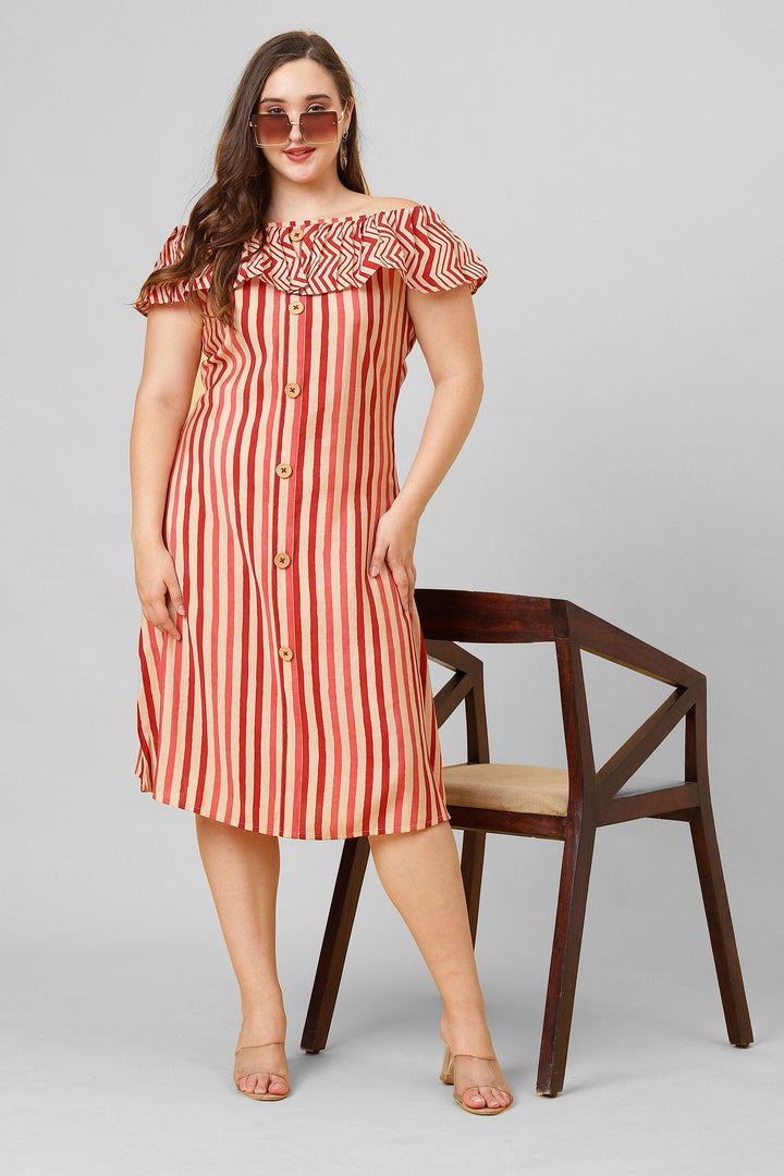 Red and white striped pattern ruffle neck A-line dress. A hot pick for women fashion.