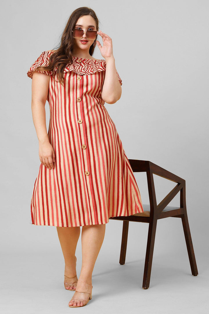 Red and white striped pattern ruffle neck A-line dress. A hot pick for women fashion.