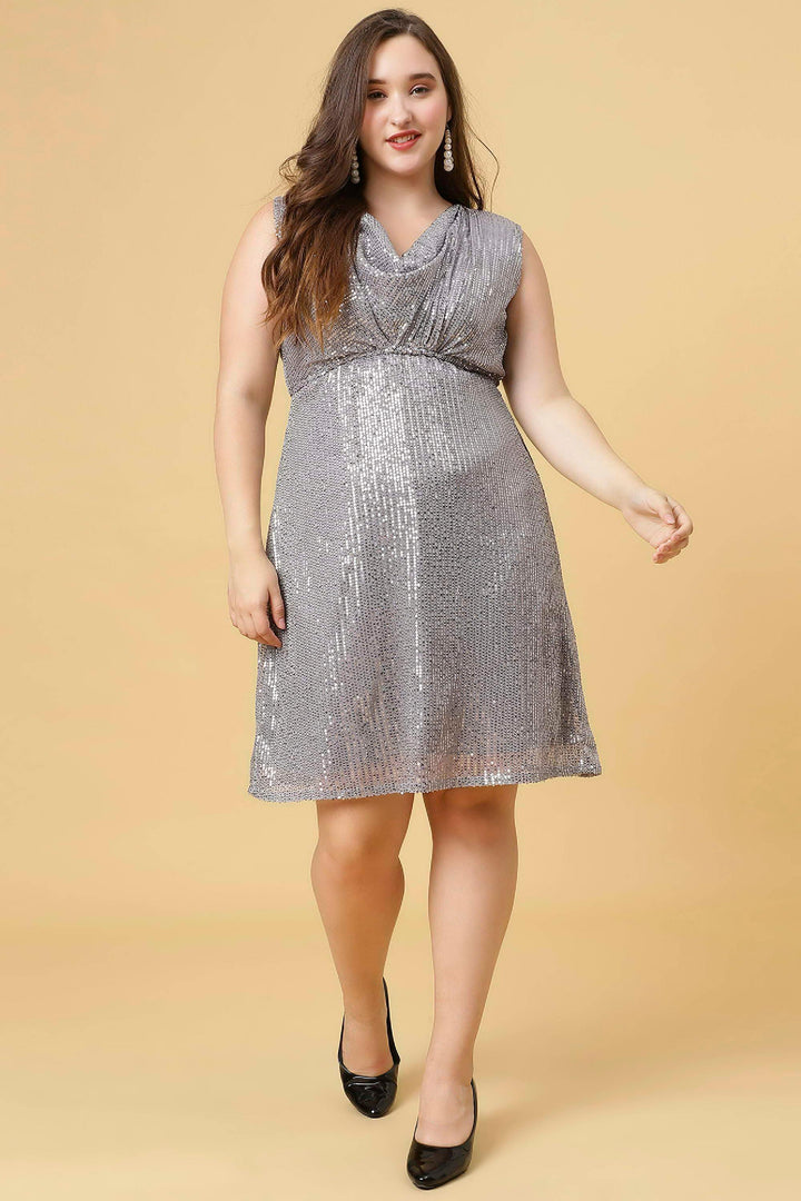 Sultry grey cowl neck party dress, seamlessly blending allure and sophistication for a sexy and elegant statement.